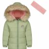 Women * | Best Pirce Jessica Simpson Green Heavyweight Hooded Puffer Coat & Pink Headband Girls For Kids