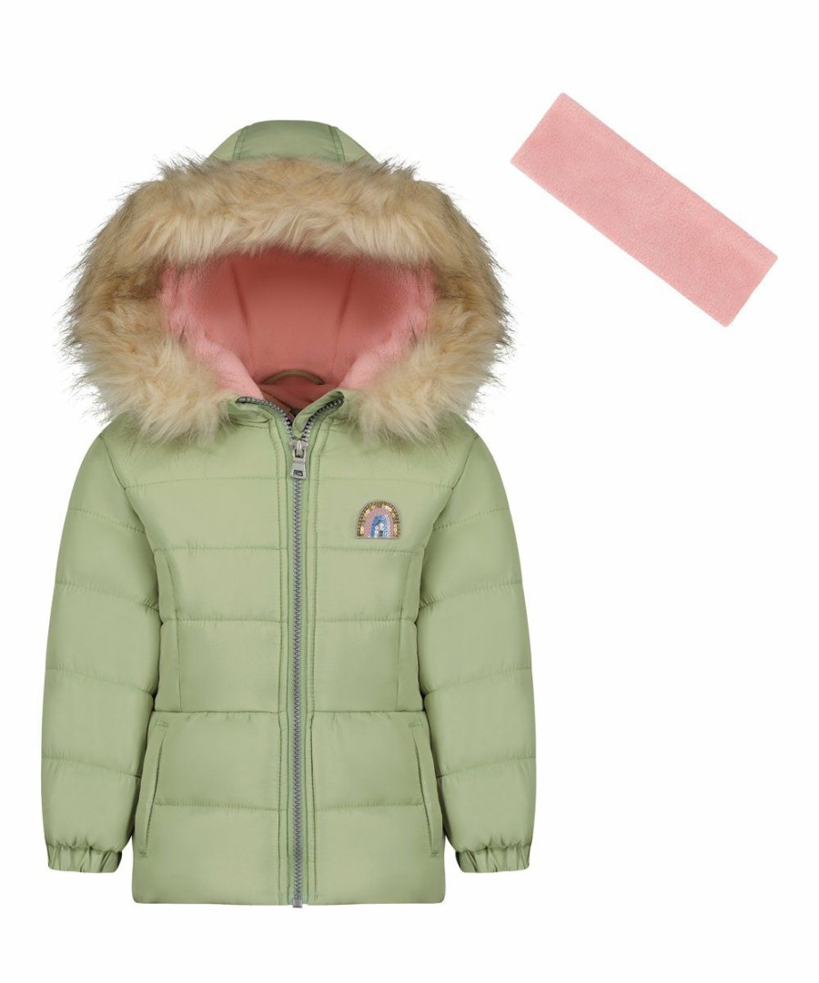 Women * | Best Pirce Jessica Simpson Green Heavyweight Hooded Puffer Coat & Pink Headband Girls For Kids