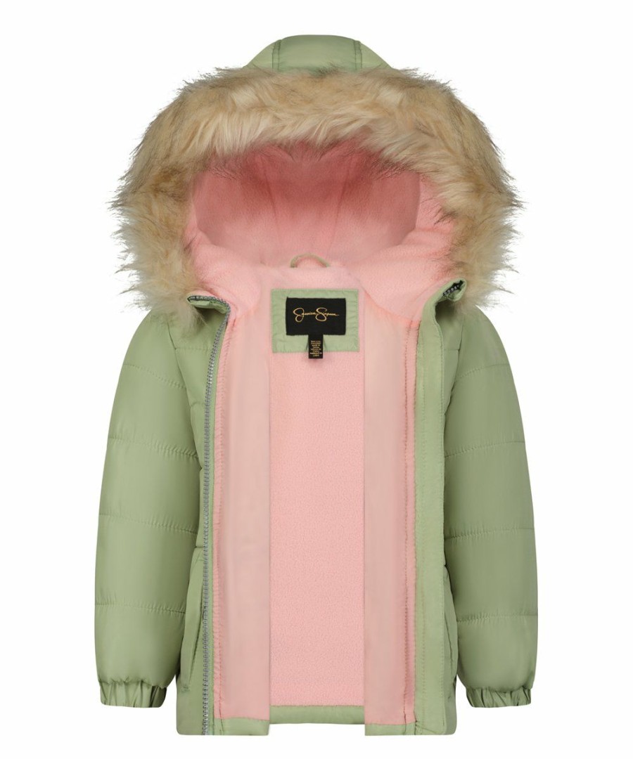 Women * | Best Pirce Jessica Simpson Green Heavyweight Hooded Puffer Coat & Pink Headband Girls For Kids