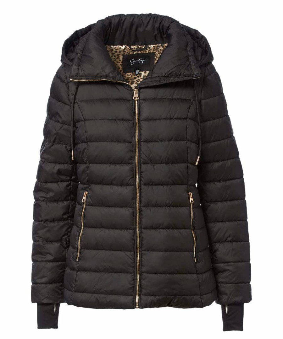 Women * | Promo Jessica Simpson Black Hooded Puffer Coat Women