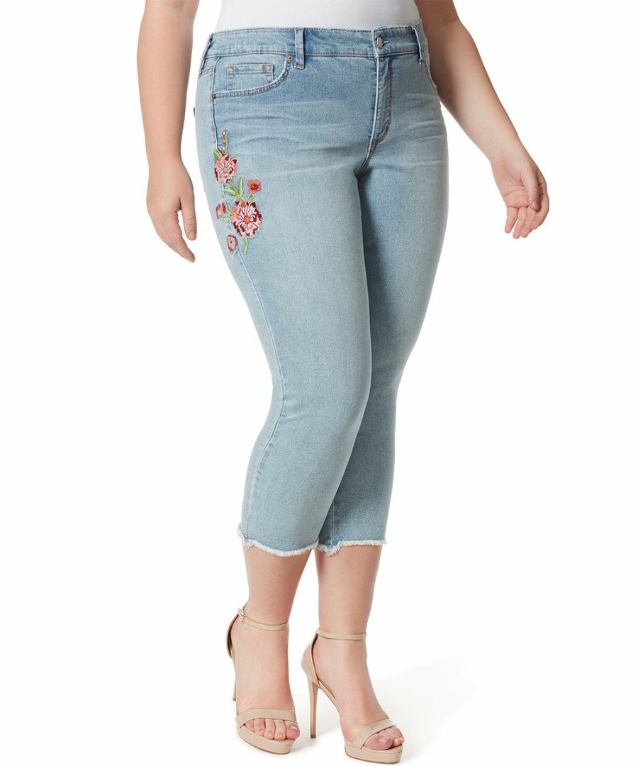 Women * | Hot Sale Jessica Simpson Back Roads Blue Floral Arrow Crop Straight-Leg Jeans Women