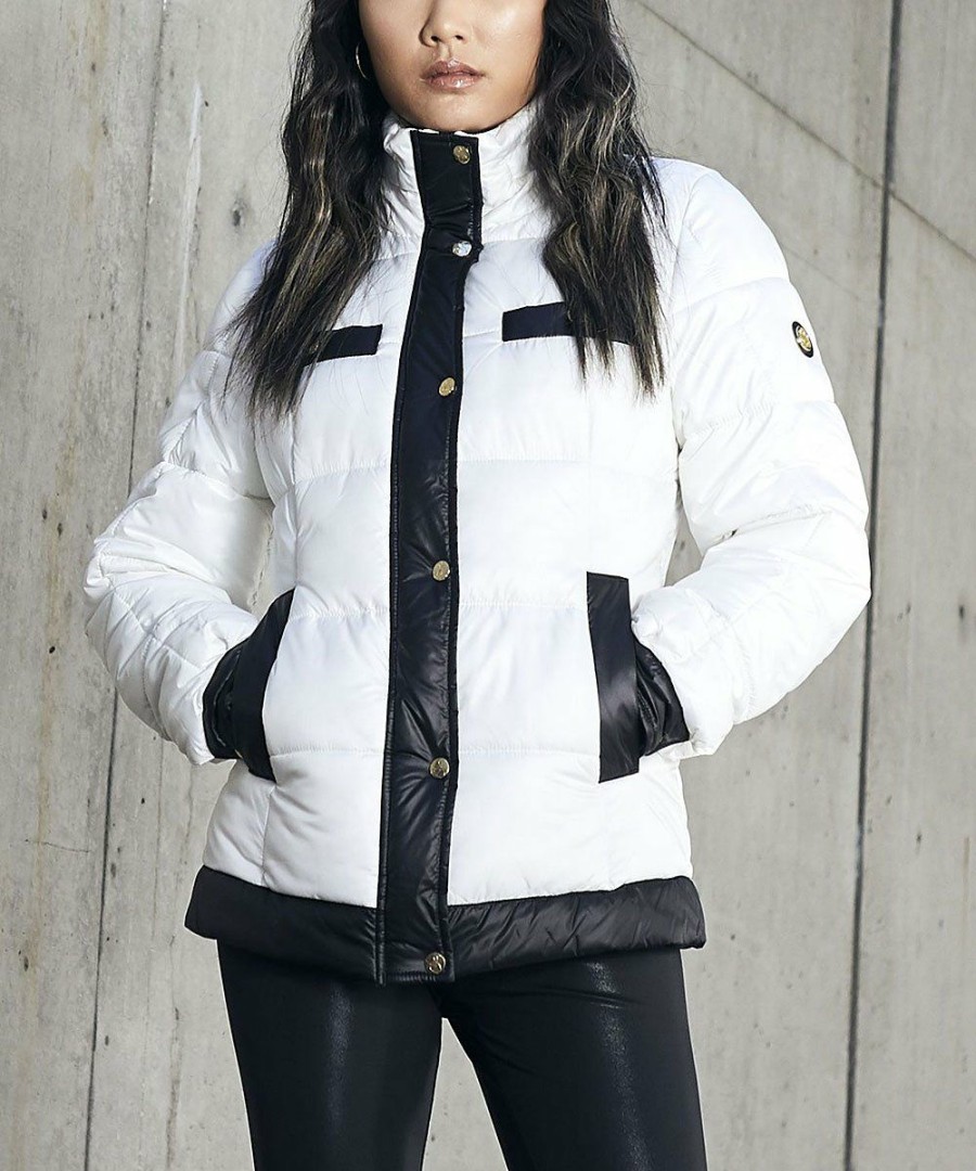 Women * | New Jessica Simpson Off-White & Black Quilted Mock Neck Puffer Coat Women