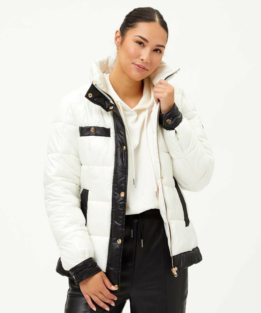 Women * | New Jessica Simpson Off-White & Black Quilted Mock Neck Puffer Coat Women