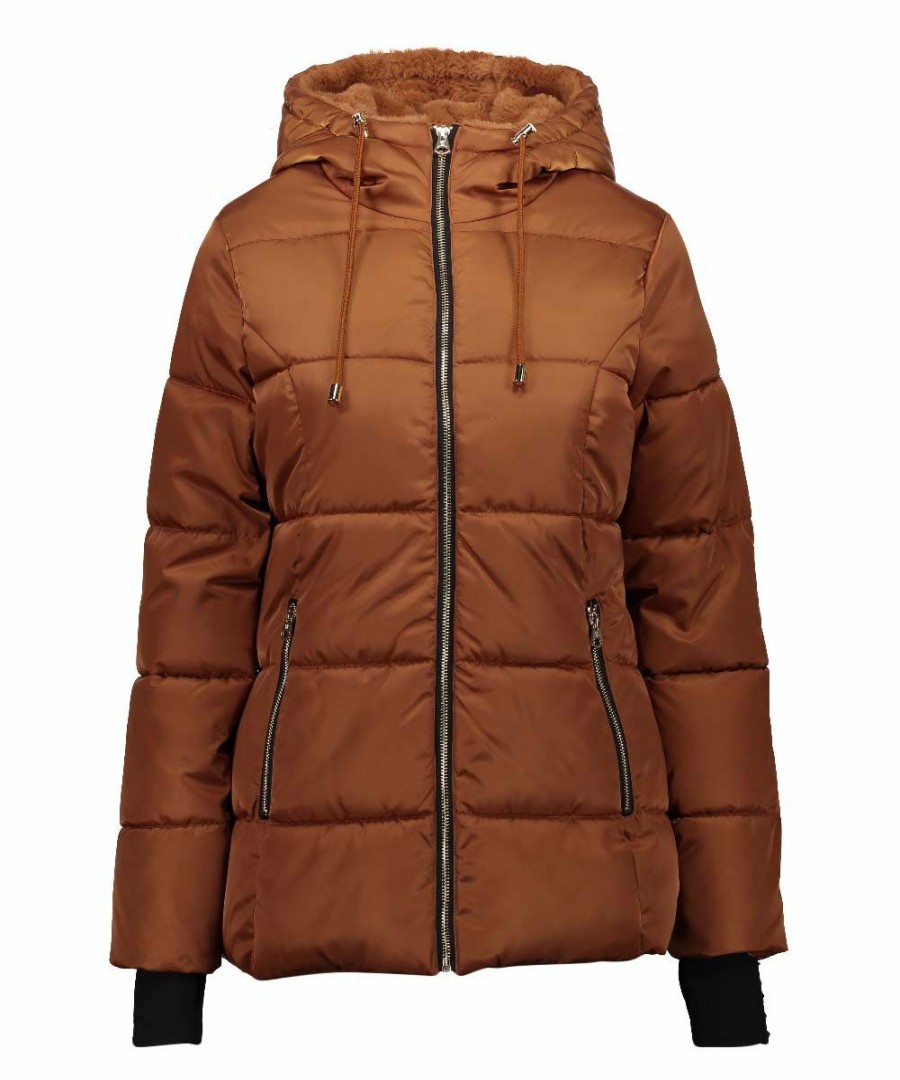 Women * | Cheap Jessica Simpson Cognac Hooded Faux Fur Puffer Coat Women & Plus