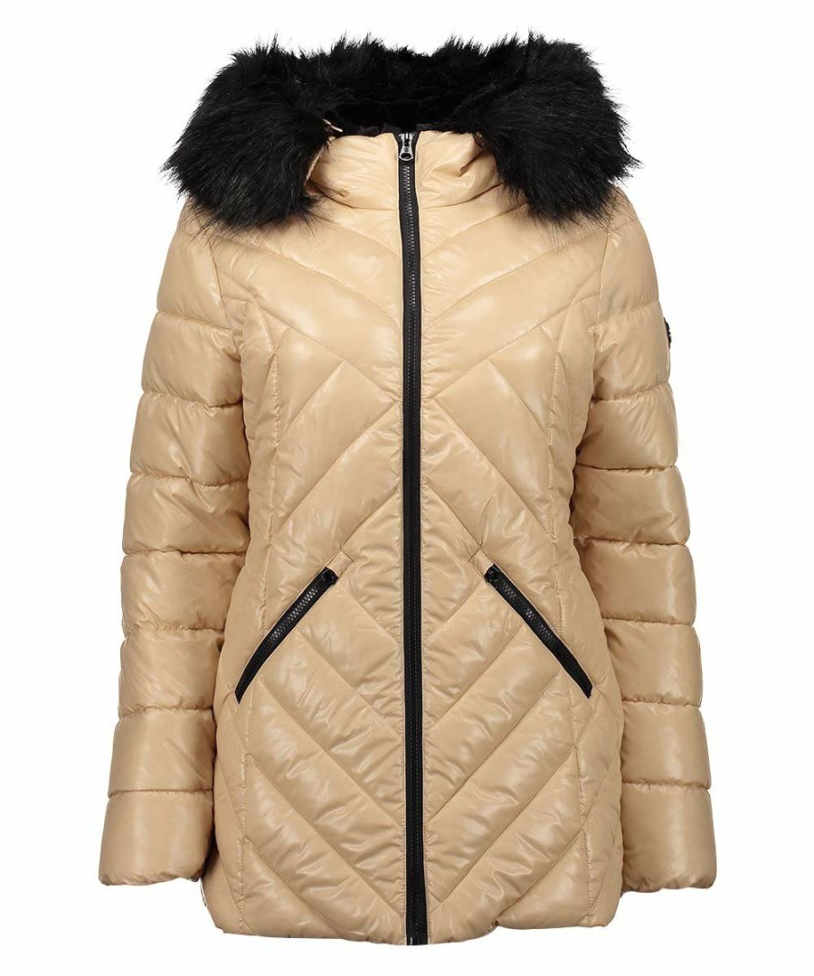 Women * | Flash Sale Jessica Simpson Beige Hooded Hooded Puffer Parka Women & Plus