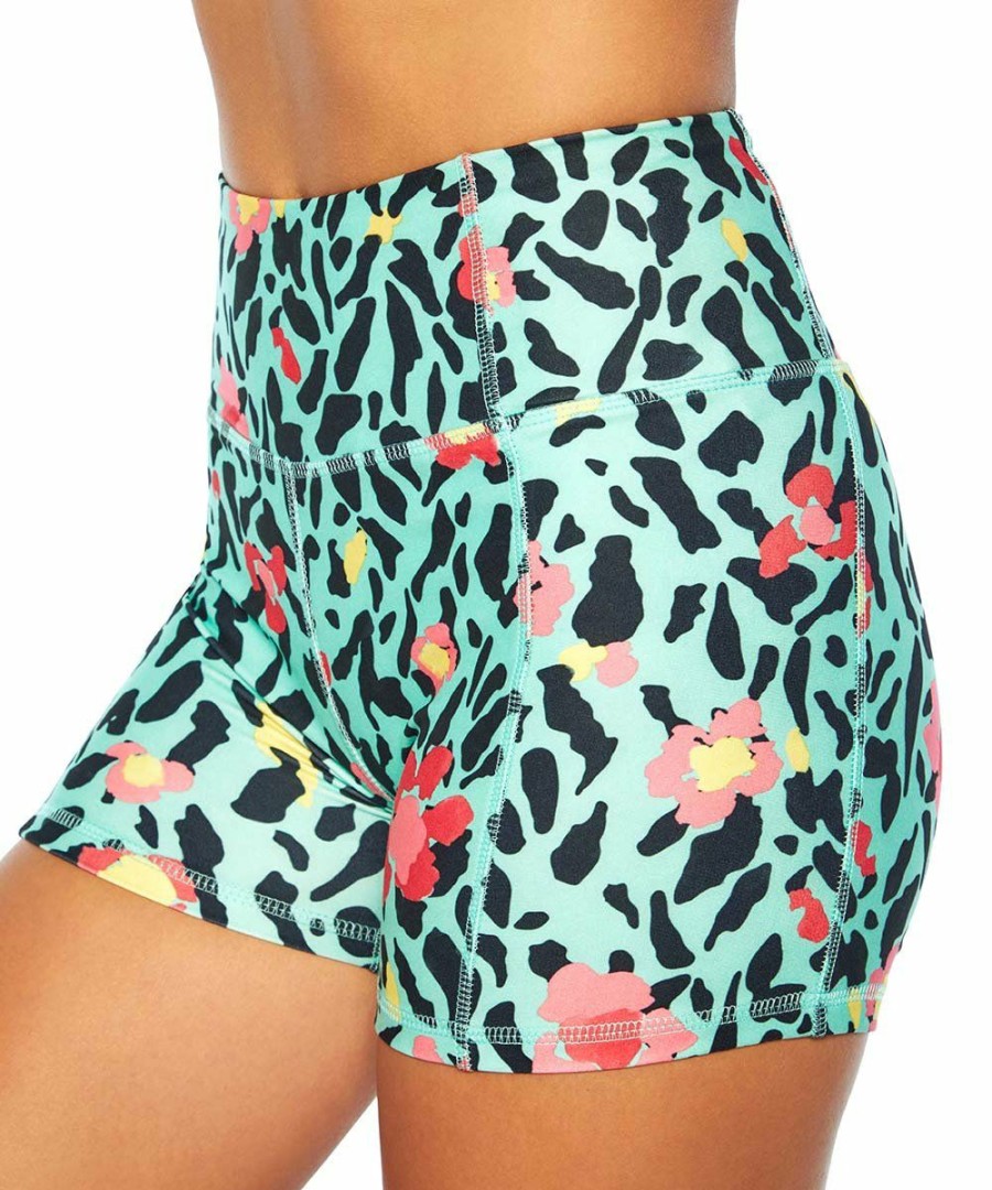 Women * | Outlet Jessica Simpson Ice Green & Black Animal Floral 3" Tummy-Control Hottie Shorts Women