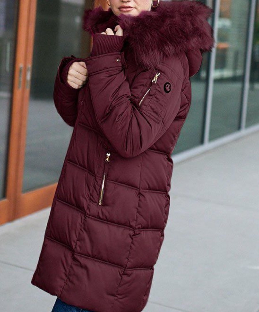 Women * | Best Sale Jessica Simpson Merlot Faux Fur-Trim Long Puffer Coat Women & Plus