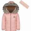 Women * | Wholesale Jessica Simpson Pink Heavyweight Puffer Coat & Beige Headband Toddler & Girls For Kids