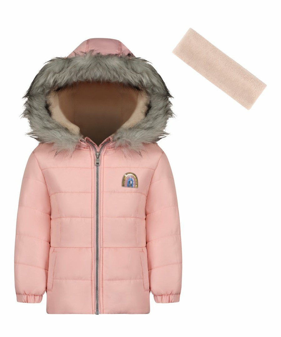 Women * | Wholesale Jessica Simpson Pink Heavyweight Puffer Coat & Beige Headband Toddler & Girls For Kids