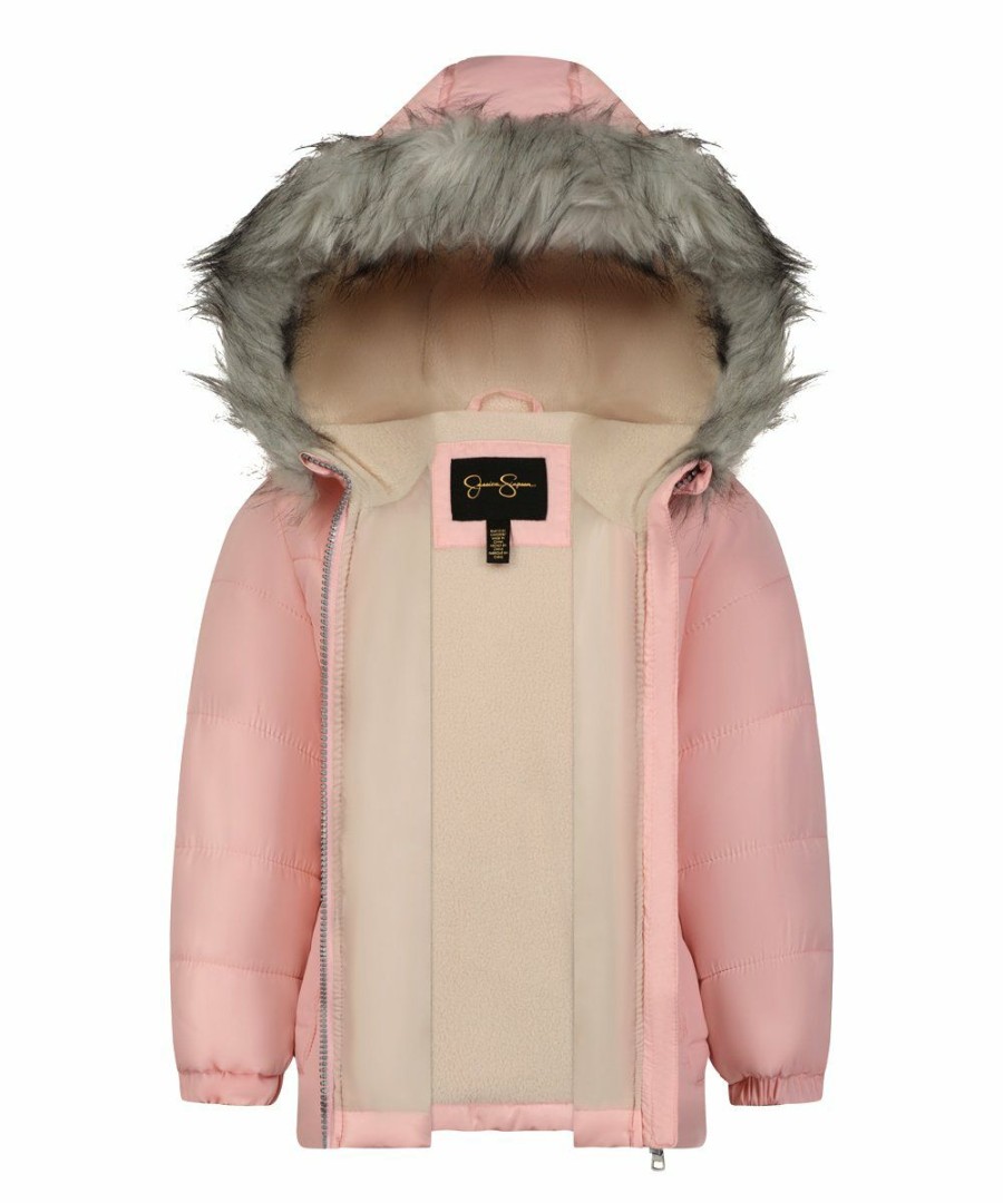 Women * | Wholesale Jessica Simpson Pink Heavyweight Puffer Coat & Beige Headband Toddler & Girls For Kids