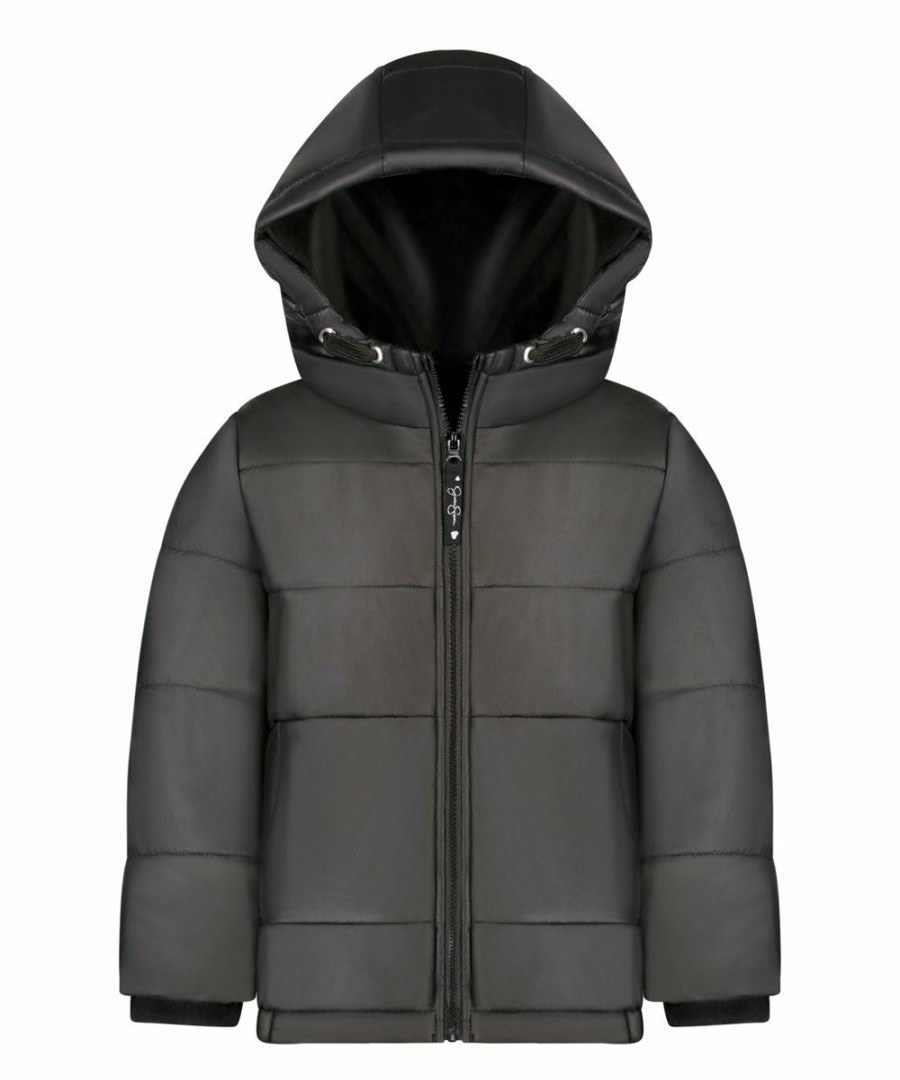 Women * | Top 10 Jessica Simpson Black Heavyweight Zip-Up Cire Hooded Puffer Coat Girls For Kids