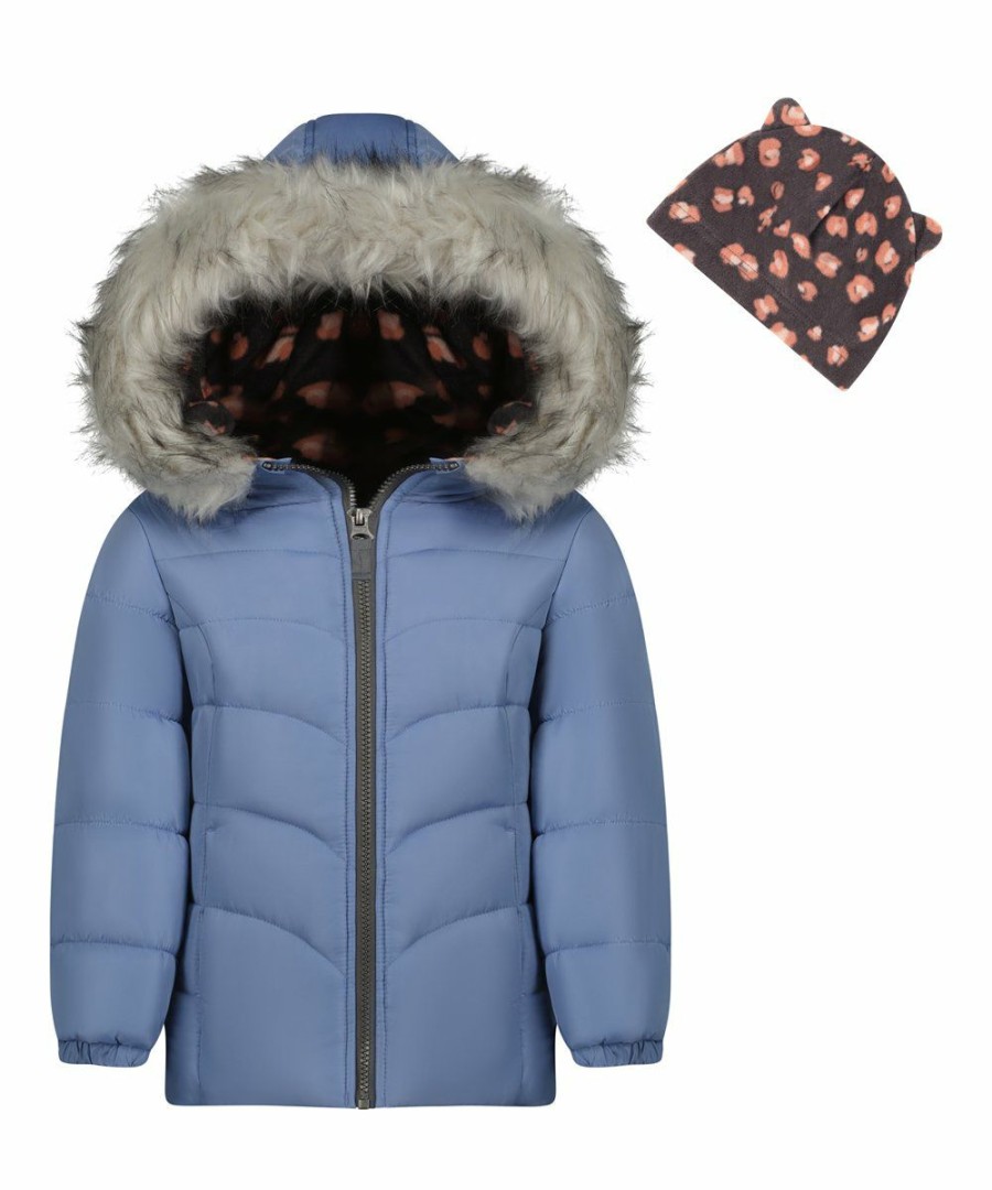 Women * | Best Reviews Of Jessica Simpson Blue Heavyweight Hooded Puffer Coat & Gray Animal-Ear Beanie Girls For Kids