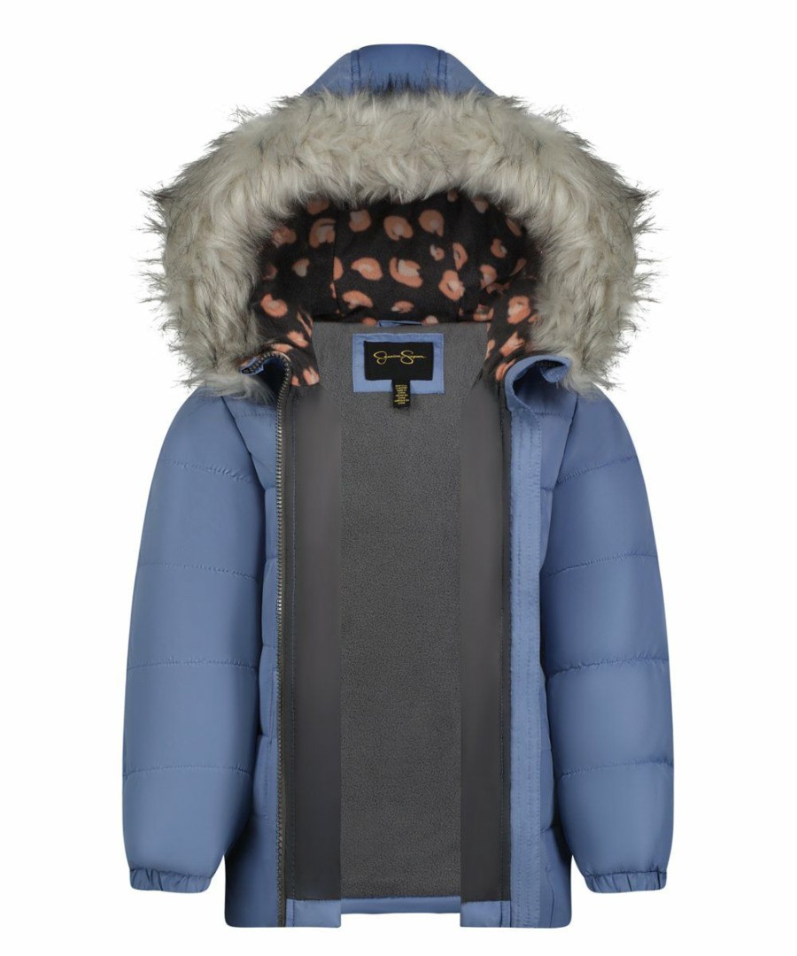 Women * | Best Reviews Of Jessica Simpson Blue Heavyweight Hooded Puffer Coat & Gray Animal-Ear Beanie Girls For Kids