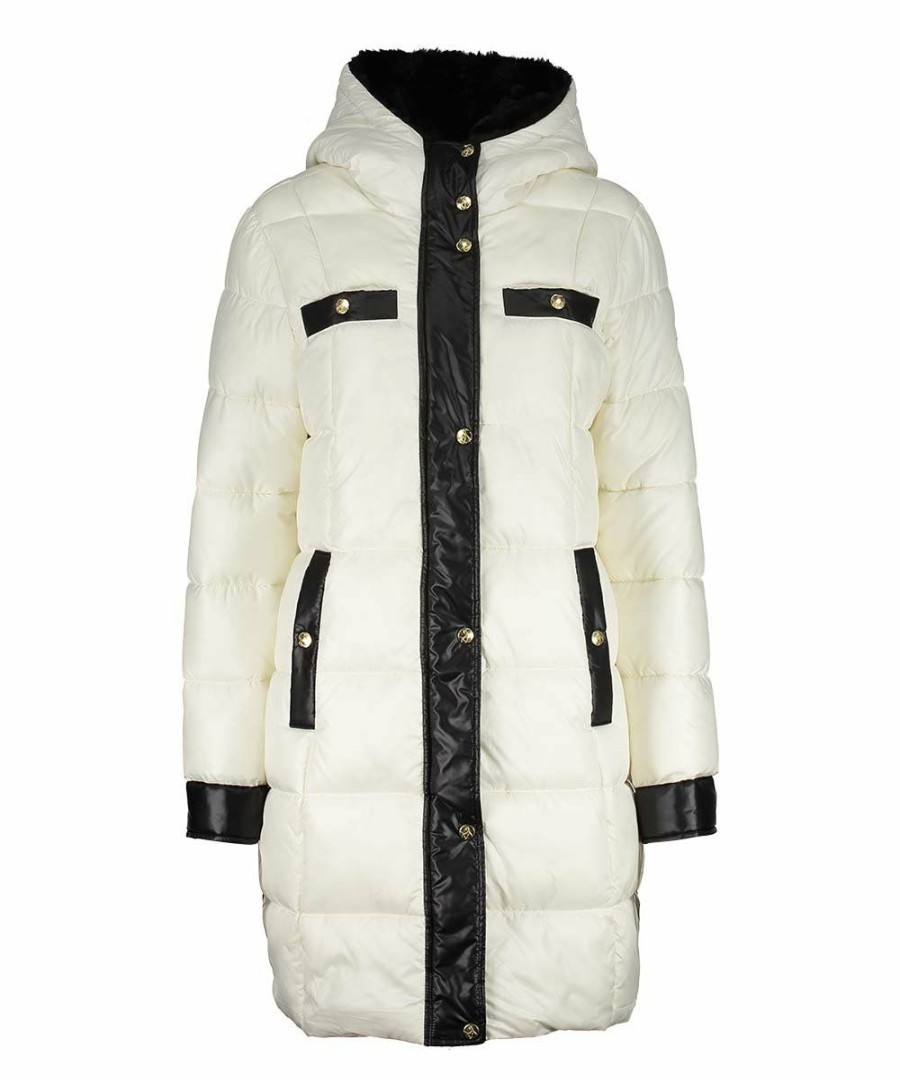 Women * | Budget Jessica Simpson Off-White & Black Hooded Puffer Parka Women & Plus