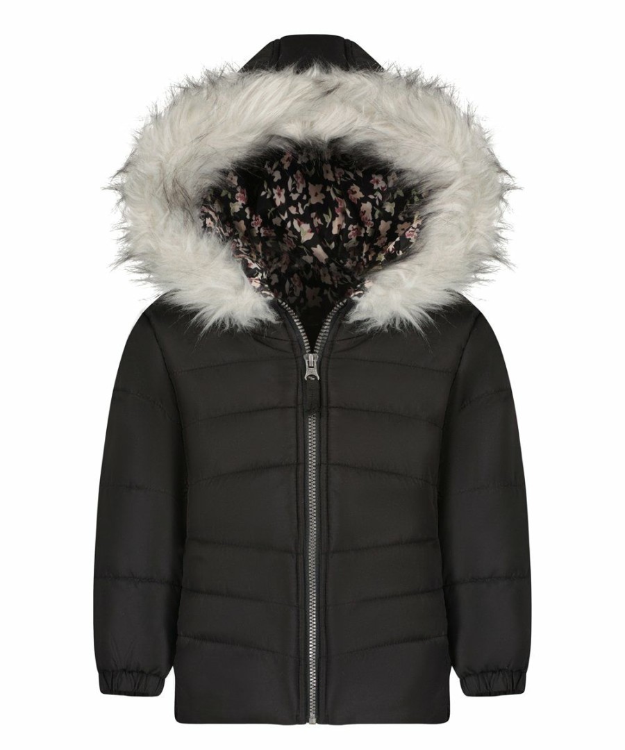 Women * | Best Sale Jessica Simpson Black Heavyweight Hooded Puffer Coat Girls For Kids