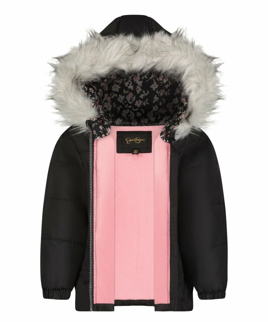 Women * | Best Sale Jessica Simpson Black Heavyweight Hooded Puffer Coat Girls For Kids