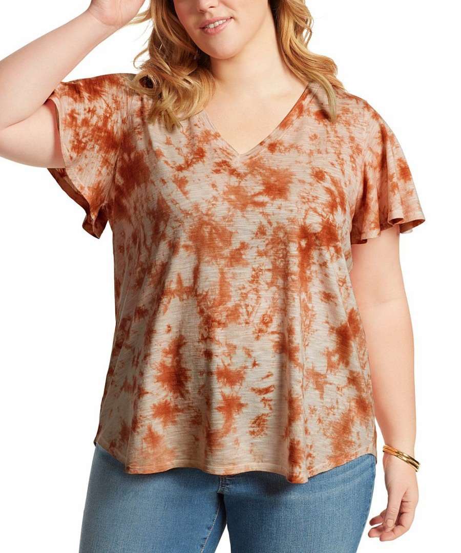 Women * | Buy Jessica Simpson Golden Tie-Dye Flutter-Sleeve Tee Plus For Womens Plus