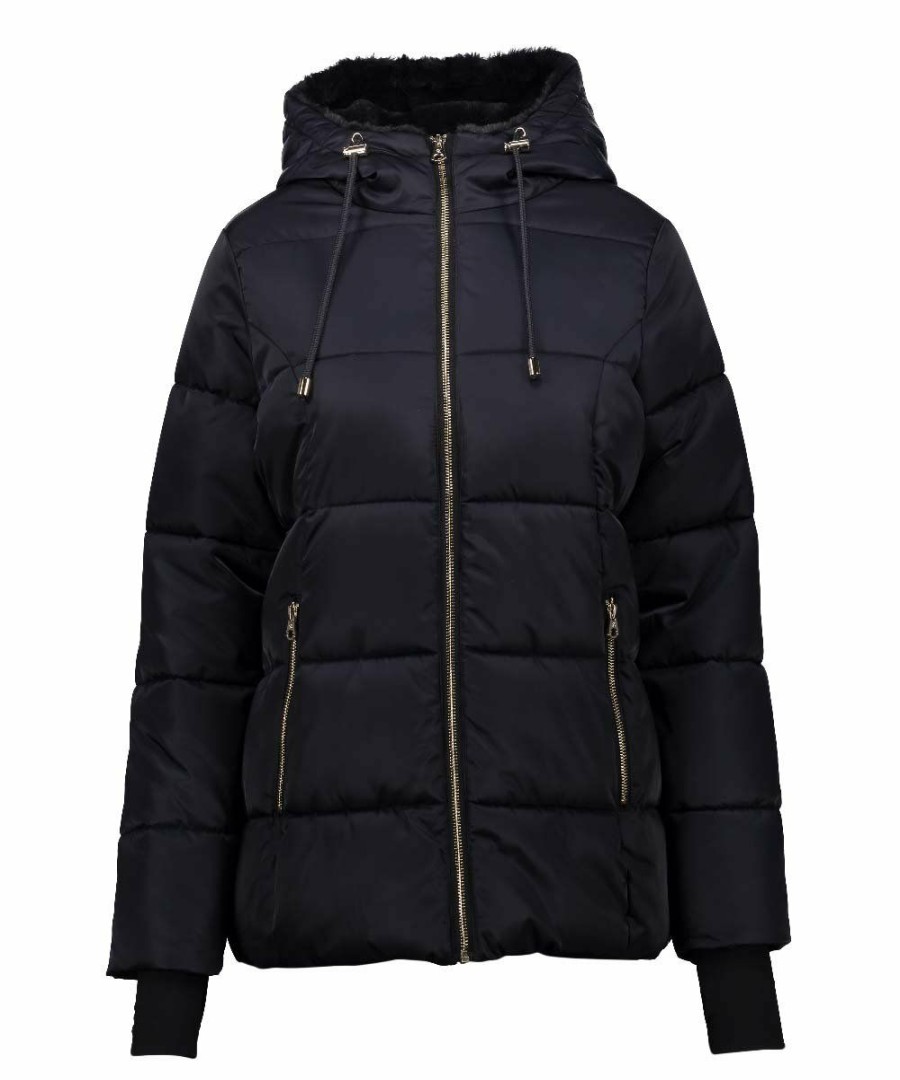 Women * | Wholesale Jessica Simpson Navy Hooded Faux Fur Puffer Coat Women & Plus