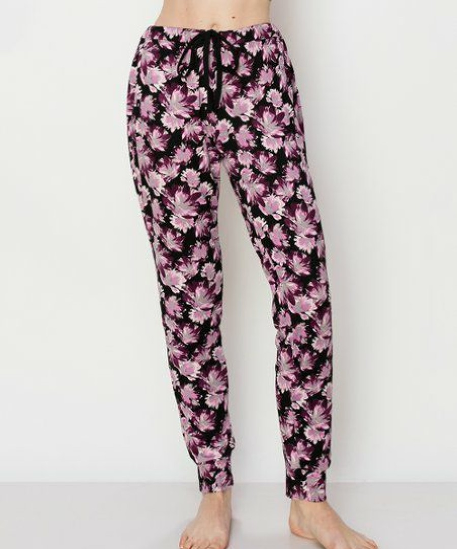 Women * | Flash Sale Jessica Simpson Jet Black & Pink Peonies Pajama Pants Women