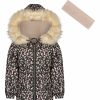 Women * | Best Deal Jessica Simpson Black Floral Heavyweight Hooded Puffer Coat & Beige Headband Toddler & Girls For Kids