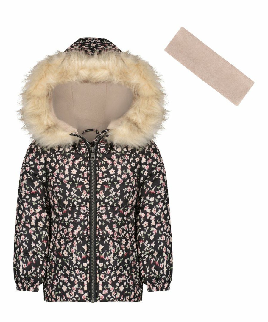 Women * | Best Deal Jessica Simpson Black Floral Heavyweight Hooded Puffer Coat & Beige Headband Toddler & Girls For Kids