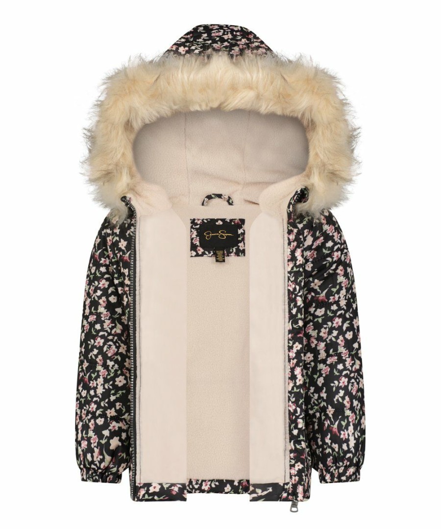 Women * | Best Deal Jessica Simpson Black Floral Heavyweight Hooded Puffer Coat & Beige Headband Toddler & Girls For Kids