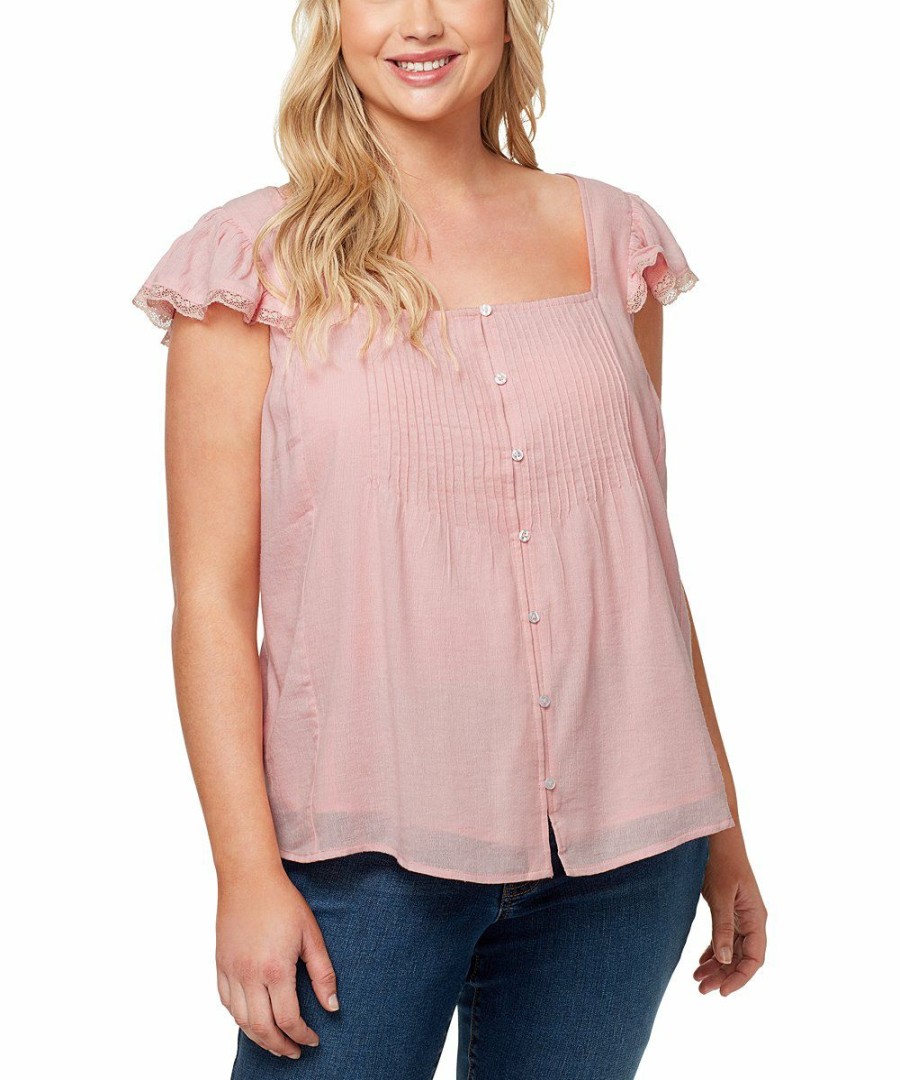 Women * | Cheapest Jessica Simpson Peach Pleated Ruffle Flutter-Sleeve Allan Button-Up Top Plus For Womens Plus