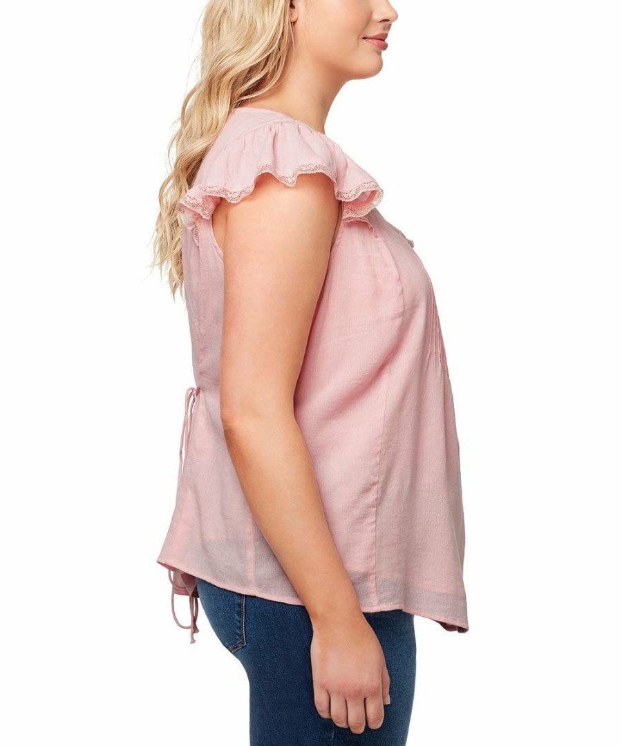 Women * | Cheapest Jessica Simpson Peach Pleated Ruffle Flutter-Sleeve Allan Button-Up Top Plus For Womens Plus