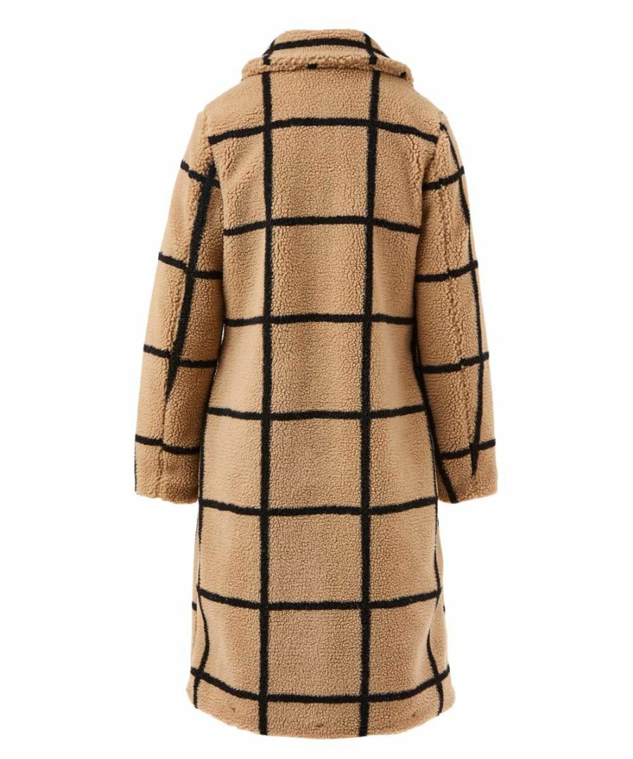 Women * | Outlet Jessica Simpson Beige & Black Windowpane Long Teddy Coat Women & Plus