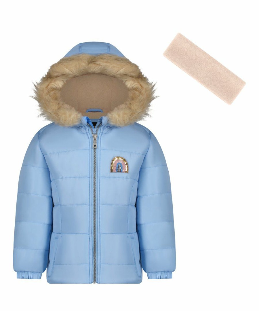 Women * | Top 10 Jessica Simpson Blue Rainbow Heavyweight Hooded Puffer Coat & Beige Headband Toddler & Girls For Kids