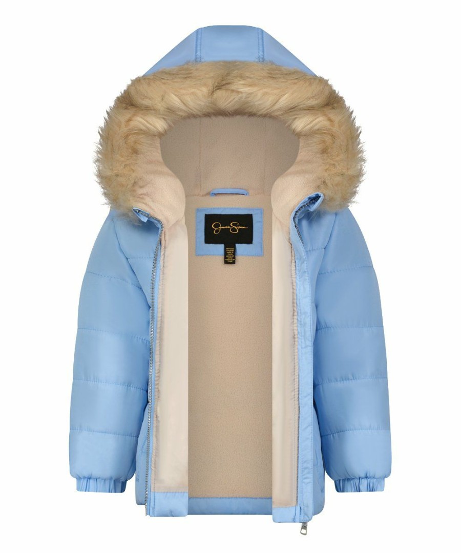 Women * | Top 10 Jessica Simpson Blue Rainbow Heavyweight Hooded Puffer Coat & Beige Headband Toddler & Girls For Kids