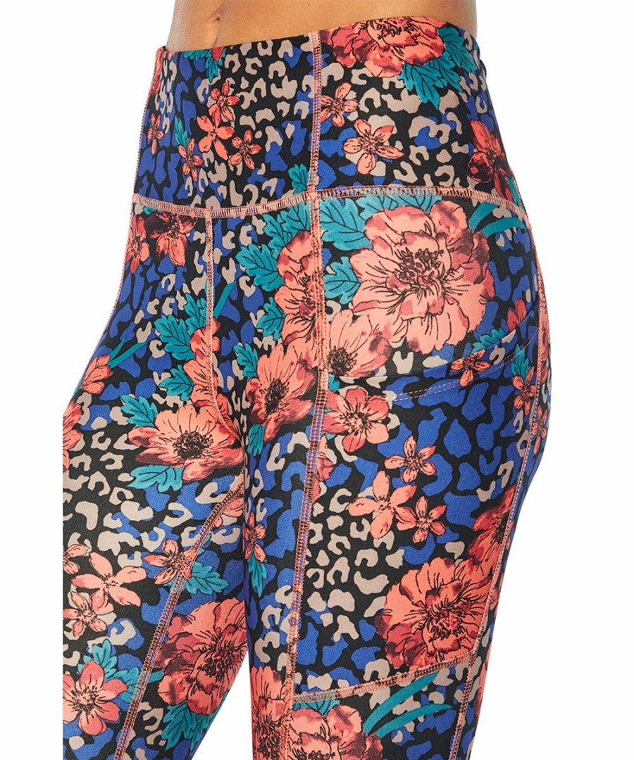 Women * | Outlet Jessica Simpson Coral & Blue Floral Leopard Tummy-Control Pocket 22" Leggings Women