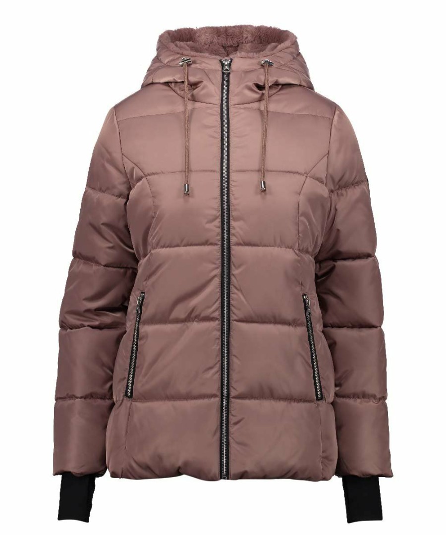 Women * | Hot Sale Jessica Simpson Dusty Pink Hooded Faux Fur Puffer Coat Women & Plus