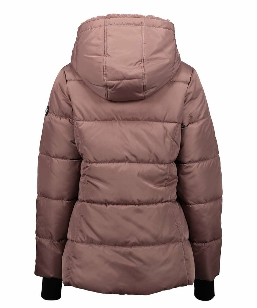 Women * | Hot Sale Jessica Simpson Dusty Pink Hooded Faux Fur Puffer Coat Women & Plus