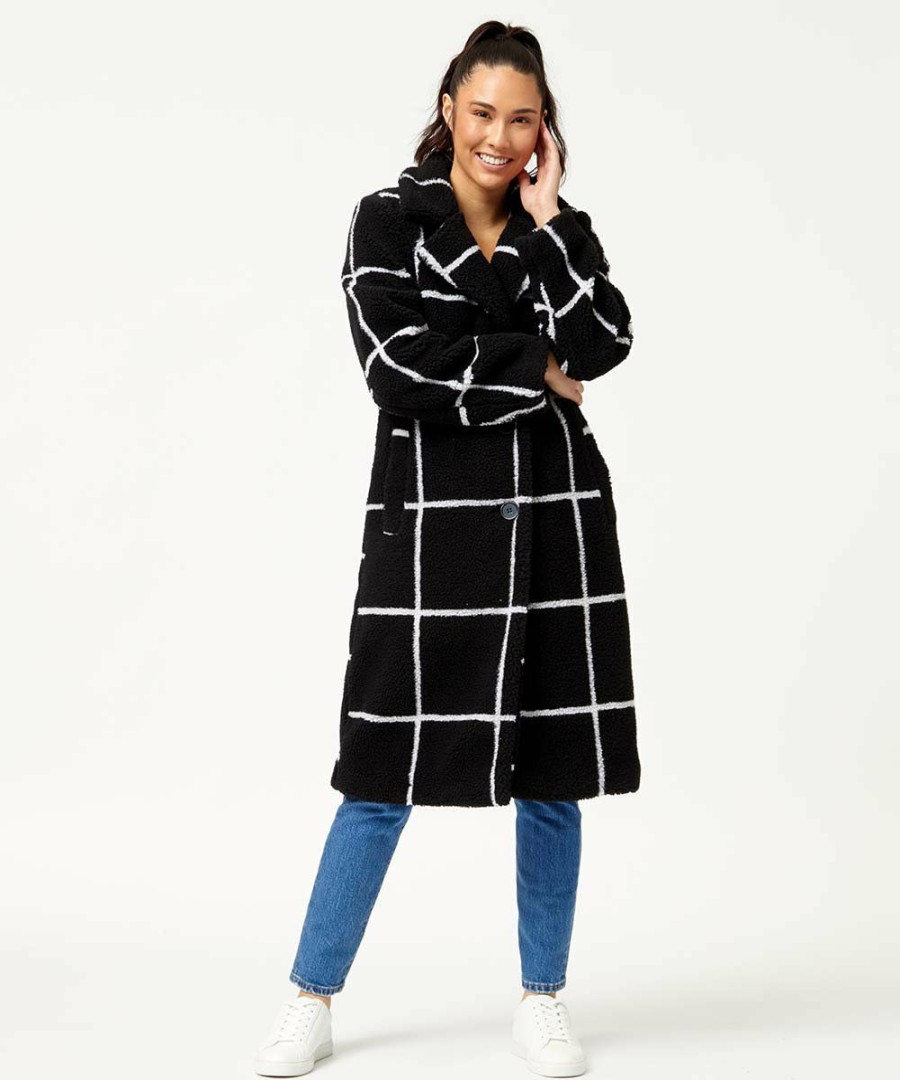 Women * | Best Pirce Jessica Simpson Black & White Windowpane Long Teddy Coat Women & Plus