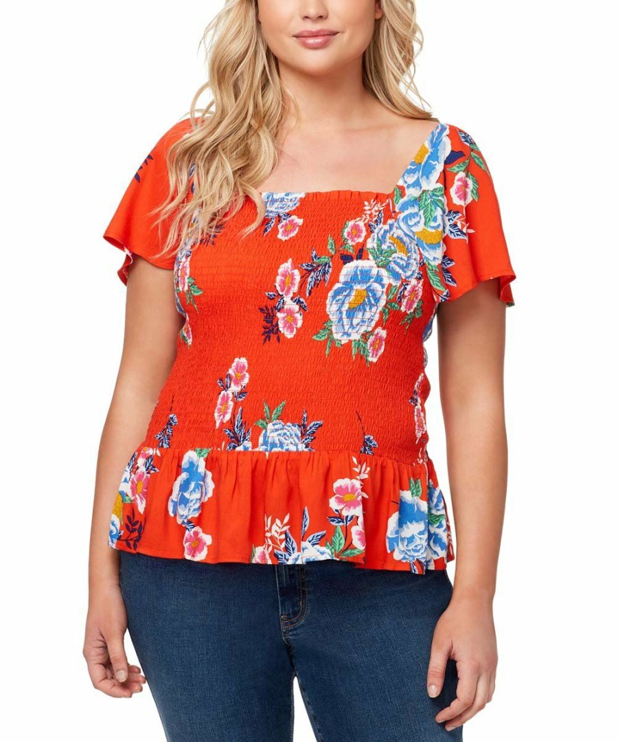 Women * | Best Reviews Of Jessica Simpson Spicy Orange & Blue Floral Marie Flutter-Sleeve Top Plus For Womens Plus