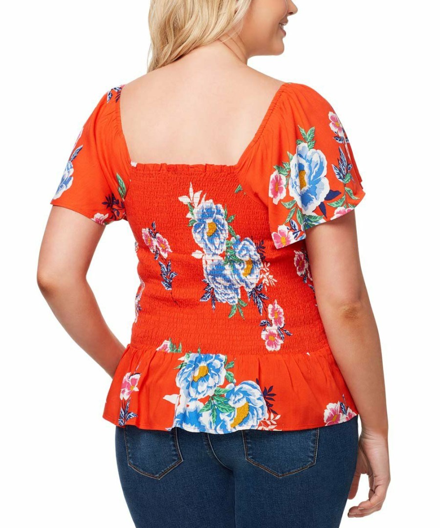 Women * | Best Reviews Of Jessica Simpson Spicy Orange & Blue Floral Marie Flutter-Sleeve Top Plus For Womens Plus