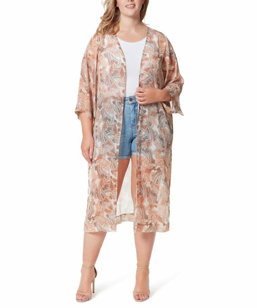 Women * | Best Sale Jessica Simpson Champagne Paisley Sheer Three-Quarter Sleeve Duster Kimono Plus For Women