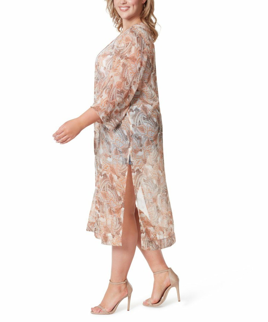 Women * | Best Sale Jessica Simpson Champagne Paisley Sheer Three-Quarter Sleeve Duster Kimono Plus For Women