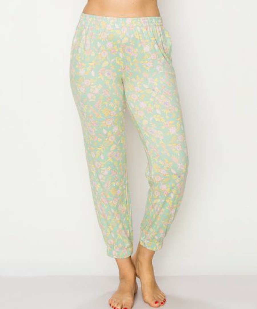 Women * | Brand New Jessica Simpson Light Jade Floral Cuffed Pajama Pants Women