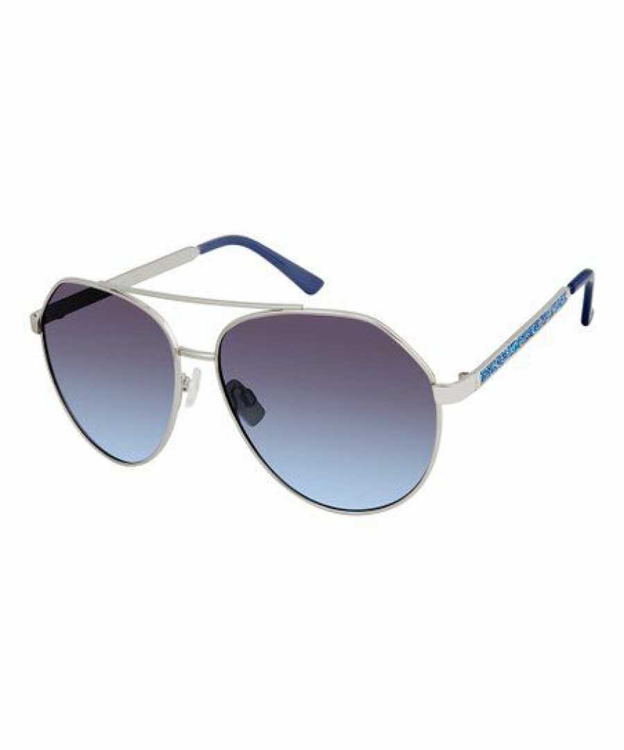 Women * | Best Reviews Of Jessica Simpson Silvertone & Blue Modified Aviator Sunglasses For Women