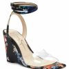 Women * | Hot Sale Jessica Simpson Black & Clear Floral Ankle-Strap Crisscross Wedge Sandal Women