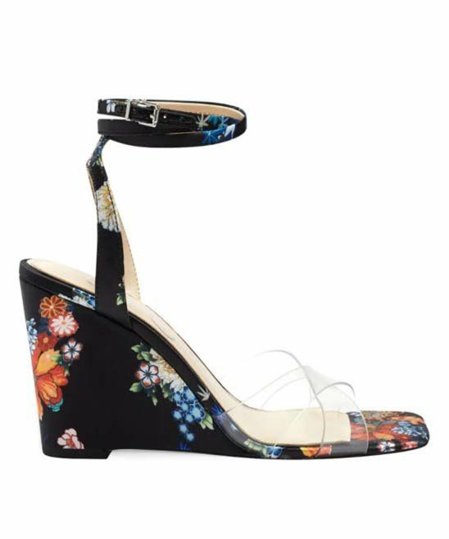 Women * | Hot Sale Jessica Simpson Black & Clear Floral Ankle-Strap Crisscross Wedge Sandal Women