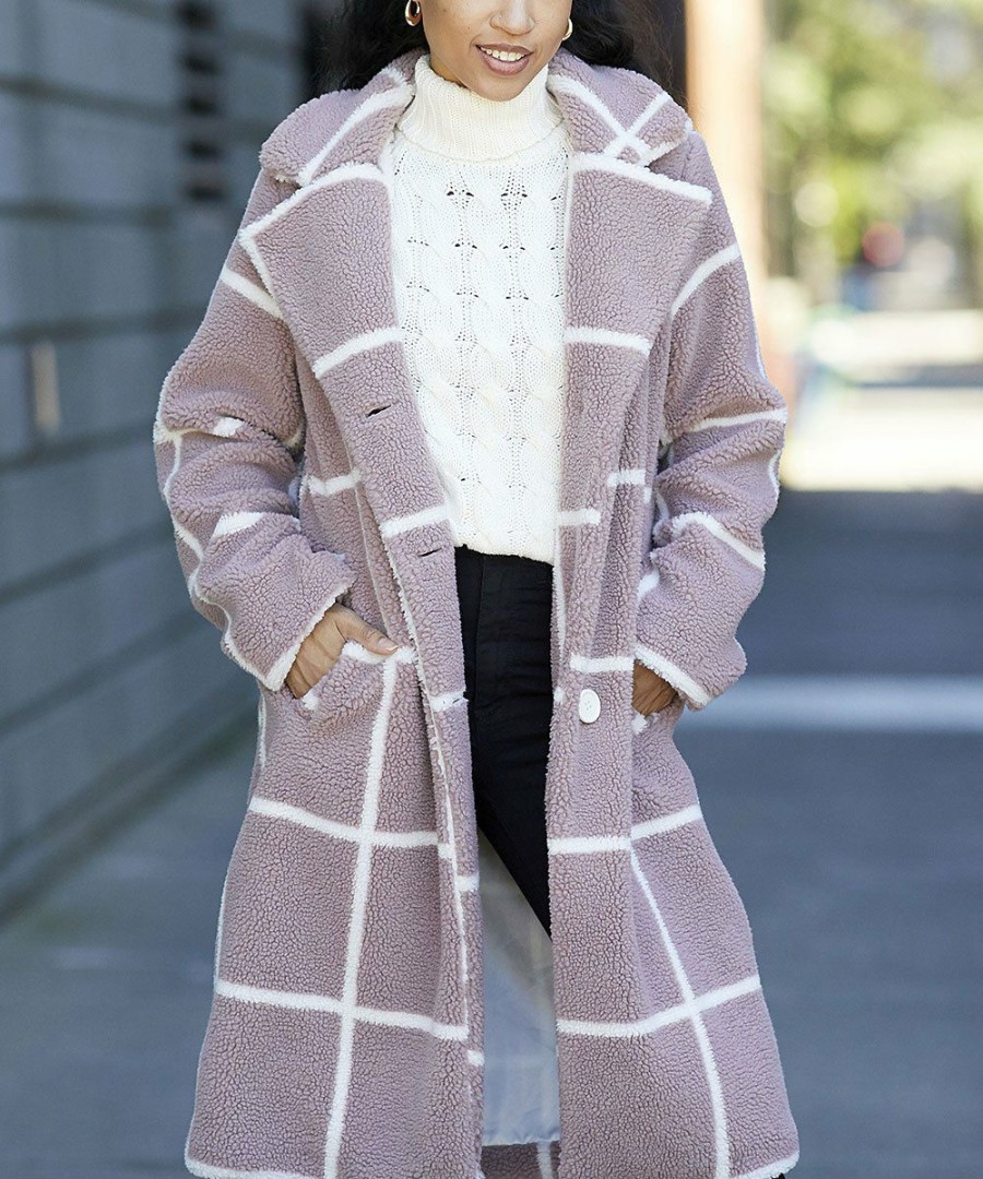 Women * | Coupon Jessica Simpson Dusty Pink & White Windowpane Long Teddy Coat Women & Plus