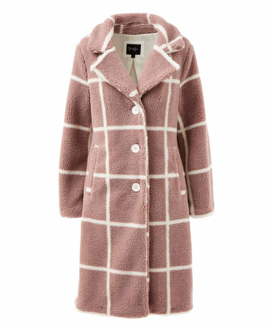 Women * | Coupon Jessica Simpson Dusty Pink & White Windowpane Long Teddy Coat Women & Plus