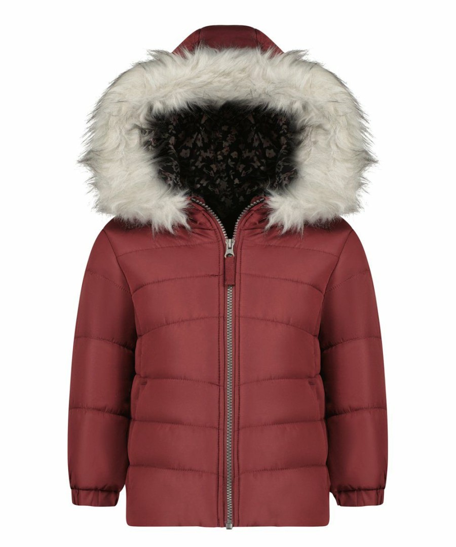 Women * | Cheapest Jessica Simpson Burgundy Heavyweight Hooded Puffer Coat Toddler & Girls For Kids