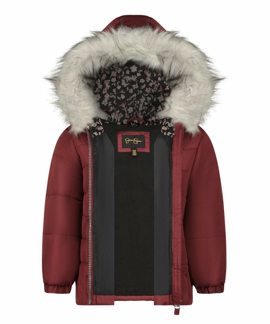 Women * | Cheapest Jessica Simpson Burgundy Heavyweight Hooded Puffer Coat Toddler & Girls For Kids