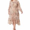 Women * | Brand New Jessica Simpson Taupe Paisley Tiered Puff-Sleeve V-Neck Dress Plus For Women