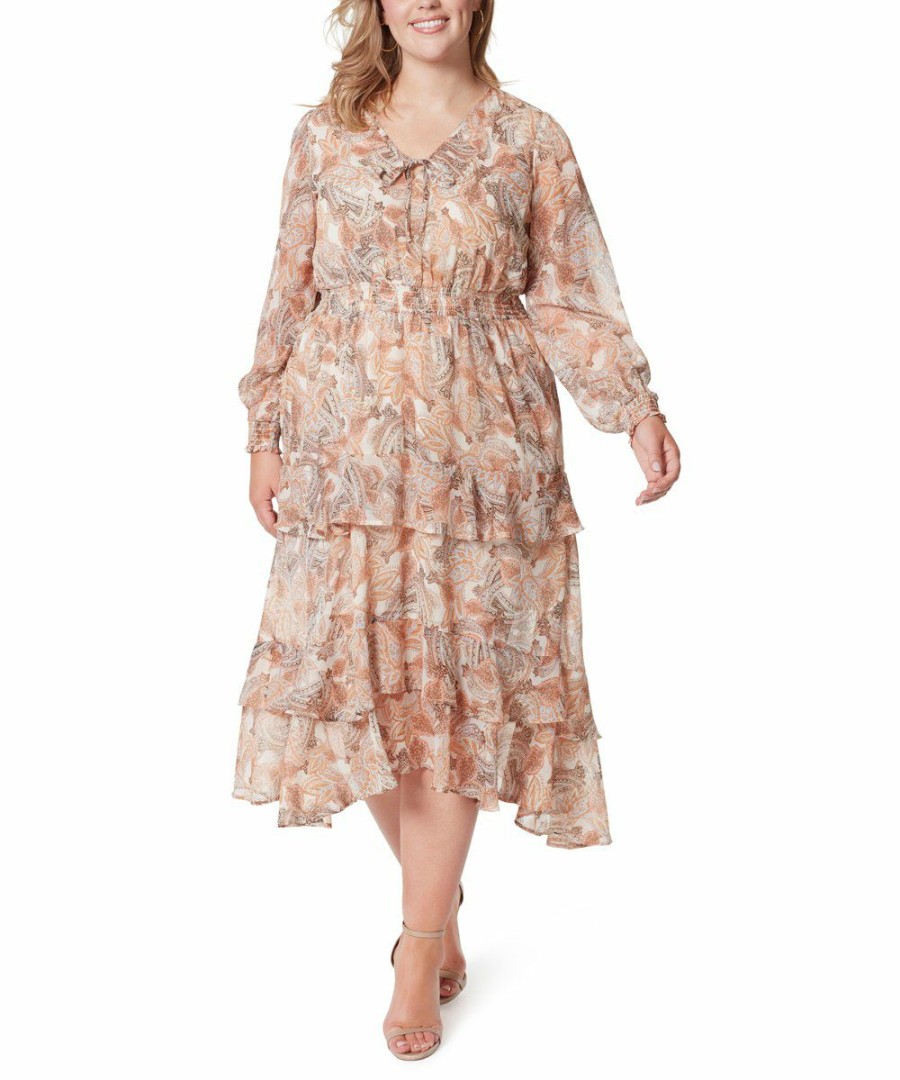 Women * | Brand New Jessica Simpson Taupe Paisley Tiered Puff-Sleeve V-Neck Dress Plus For Women